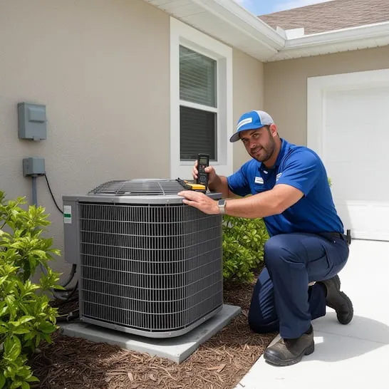 HVAC technician inspecting outdoor air conditioner unit