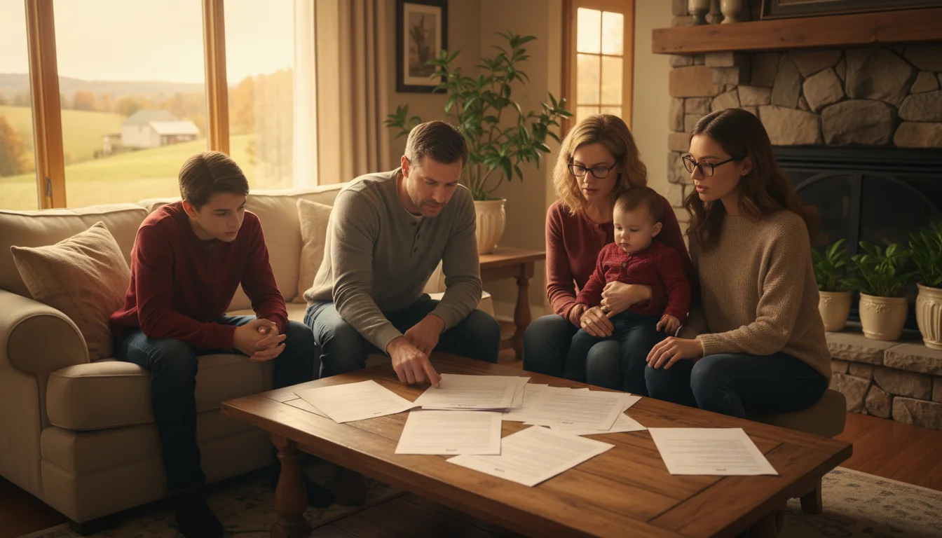 Worried PA family huddles over life insurance papers, spotting those sneaky coverage gaps—time to upgrade!