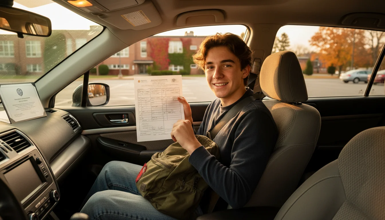Proud teen with good grades and driving cert—unlocking PA teen insurance discounts like a pro!